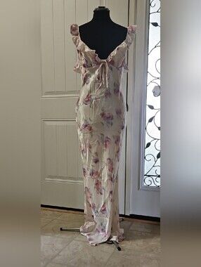 Missguided Cream Silky Maxi Dress with Pink Floral Print Size Large